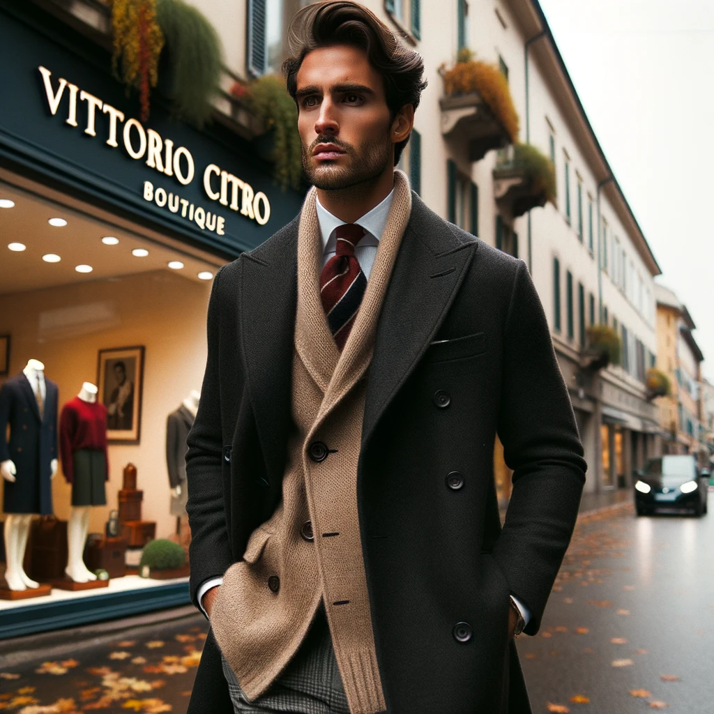 Un uomo di origine mediterranea in una giacca sartoriale scura e maglione in cashmere sottostante. Sta camminando in una strada cittadina d'autunno, con foglie gialle e rosse ai suoi piedi. Sullo sfondo, un negozio con l'insegna Vittorio Citro