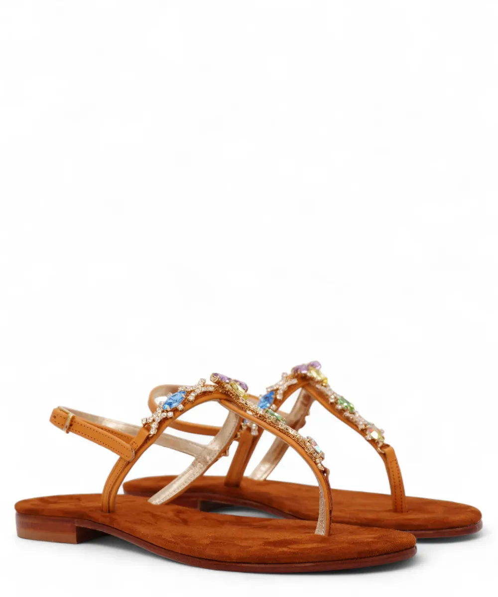 Sandalo Infradito Capri a Fascia “T” con Gioielli Multicolor-Capri Vittorio Citro-Sandali-Vittorio Citro Boutique