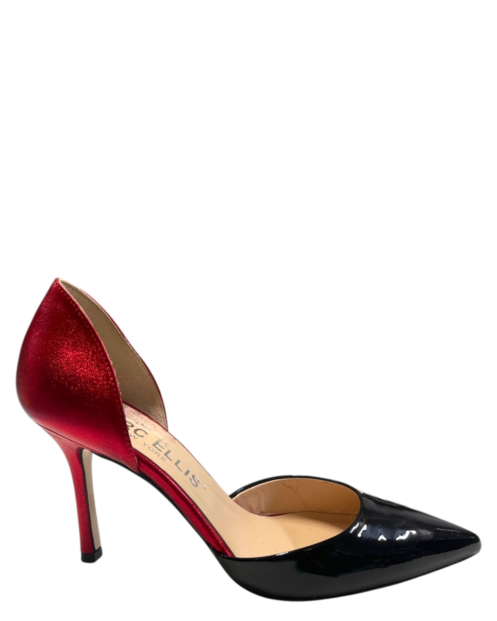 Escarpins femme rouge métallisé et noir à talon haut
