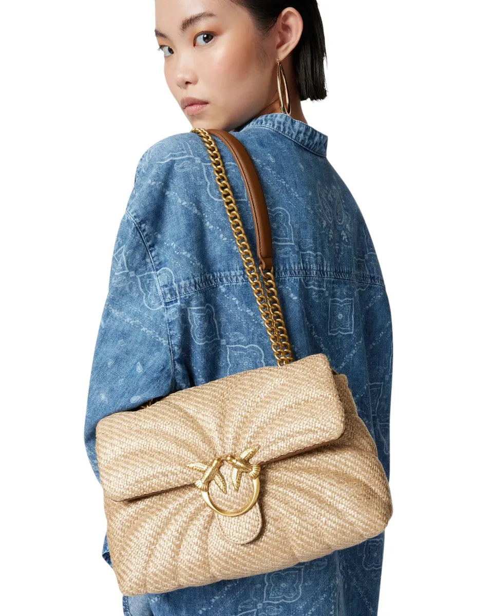 Love Bag Puff in rafia trapuntata con farfalla e fibbia Love Birds dorata-Pinko-Borse a spalla-Vittorio Citro Boutique