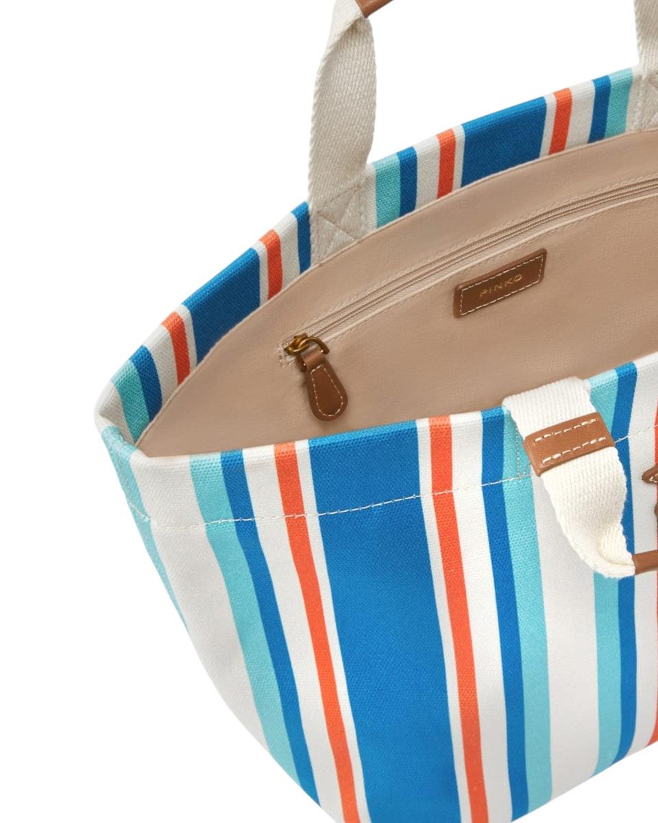 Shopper Media in Tela a Righe con Manici in Pelle e Logo Love Birds-Pinko-Borse a mano-Vittorio Citro Boutique