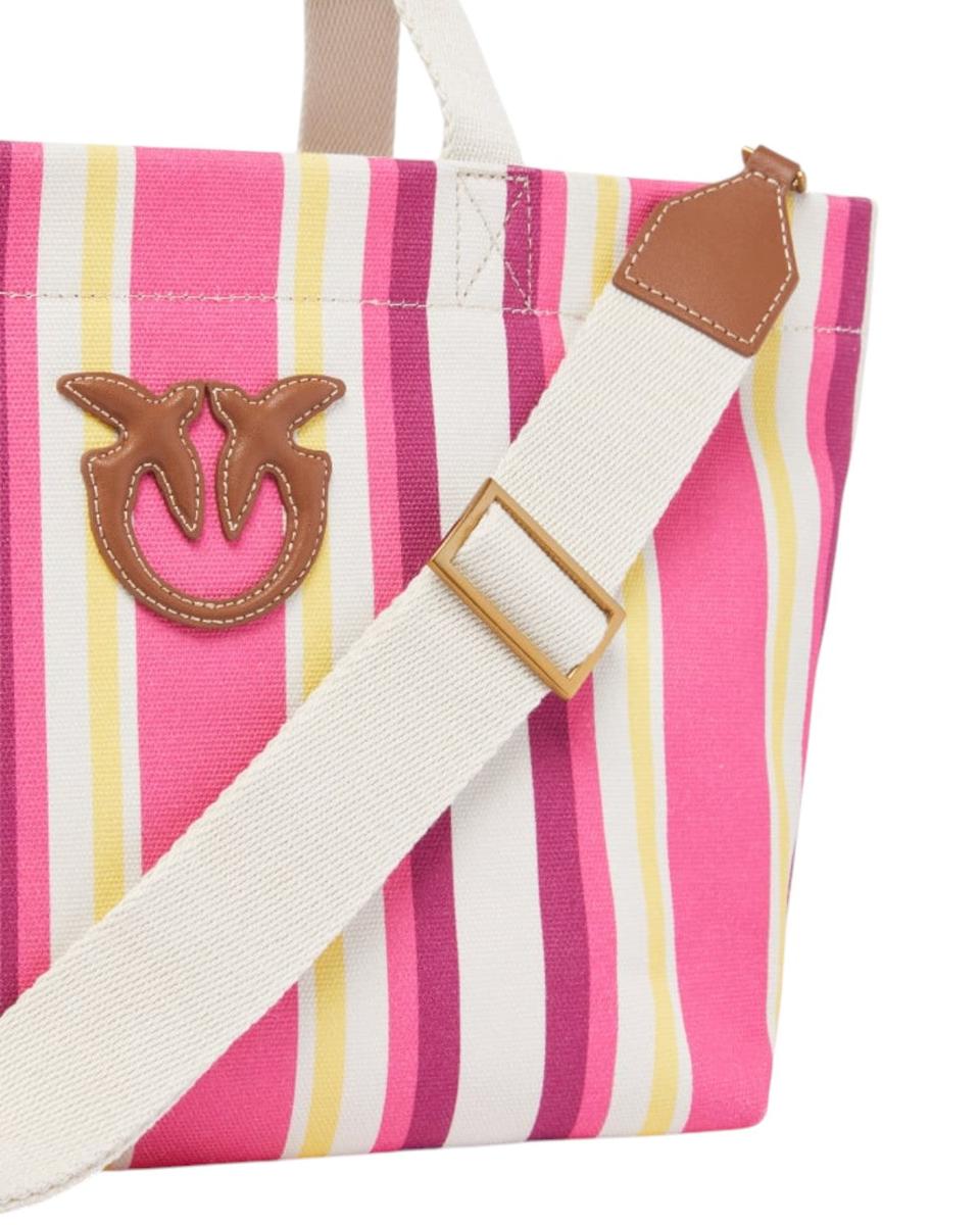 Shopper Media in Tela a Righe con Manici in Pelle e Logo Love Birds-Pinko-Borse a mano-Vittorio Citro Boutique