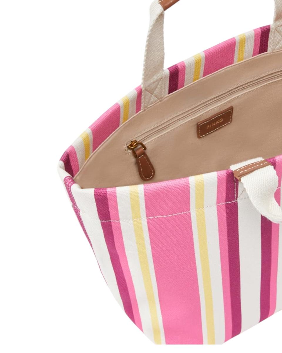 Shopper Media in Tela a Righe con Manici in Pelle e Logo Love Birds-Pinko-Borse a mano-Vittorio Citro Boutique