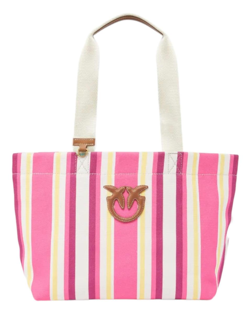 Borsa Shopper Maxi in Canvas a Righe con Logo Love Birds-Pinko-Borse a spalla-Vittorio Citro Boutique