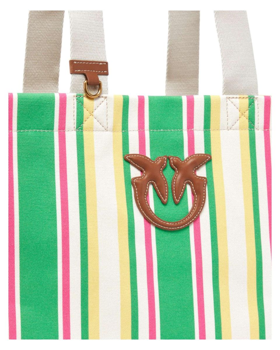 Borsa Shopper Maxi in Canvas a Righe con Logo Love Birds-Pinko-Borse a spalla-Vittorio Citro Boutique
