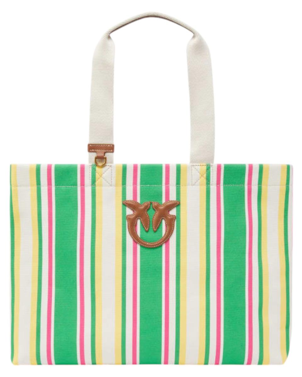 Borsa Shopper Maxi in Canvas a Righe con Logo Love Birds-Pinko-Borse a spalla-Vittorio Citro Boutique
