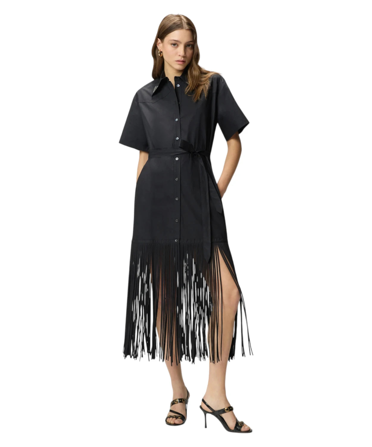 Robe AVIGLIANO Chemisier Longue Pinko avec Franges et Détails Métalliques
