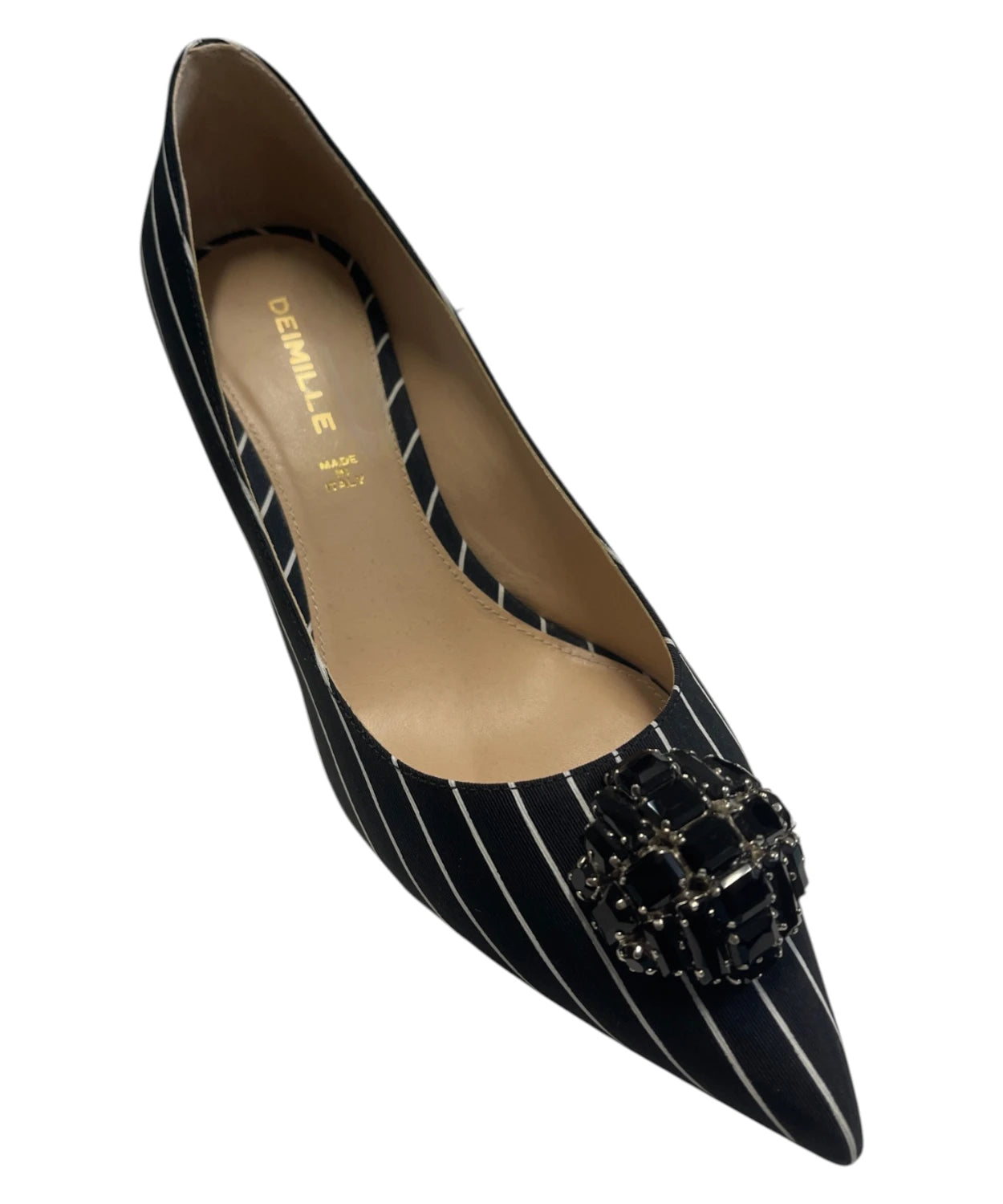 Décolleté Tropea  in Raso Nero a Righe con Gioiello