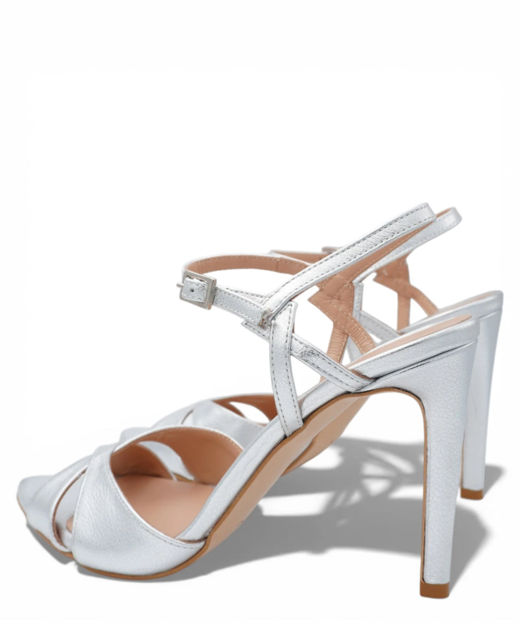 Sandales Omega Argentées à Talon Haut pour Événements