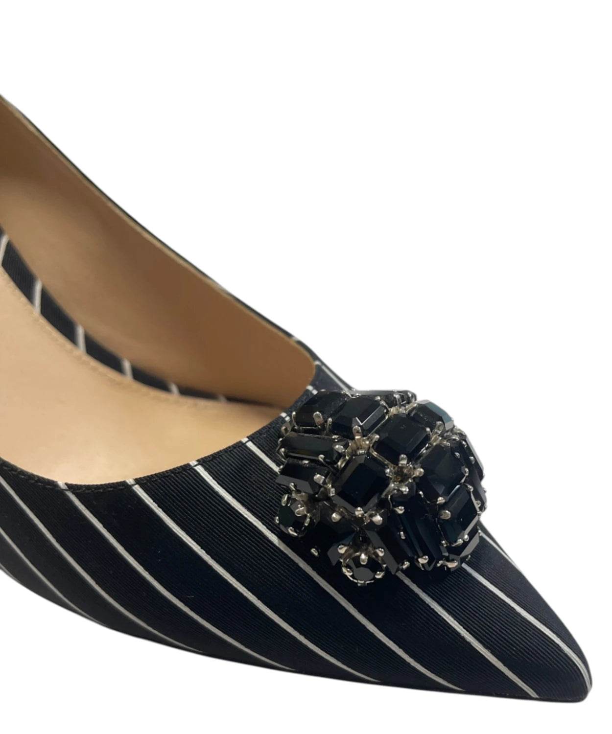 Décolleté Tropea  in Raso Nero a Righe con Gioiello