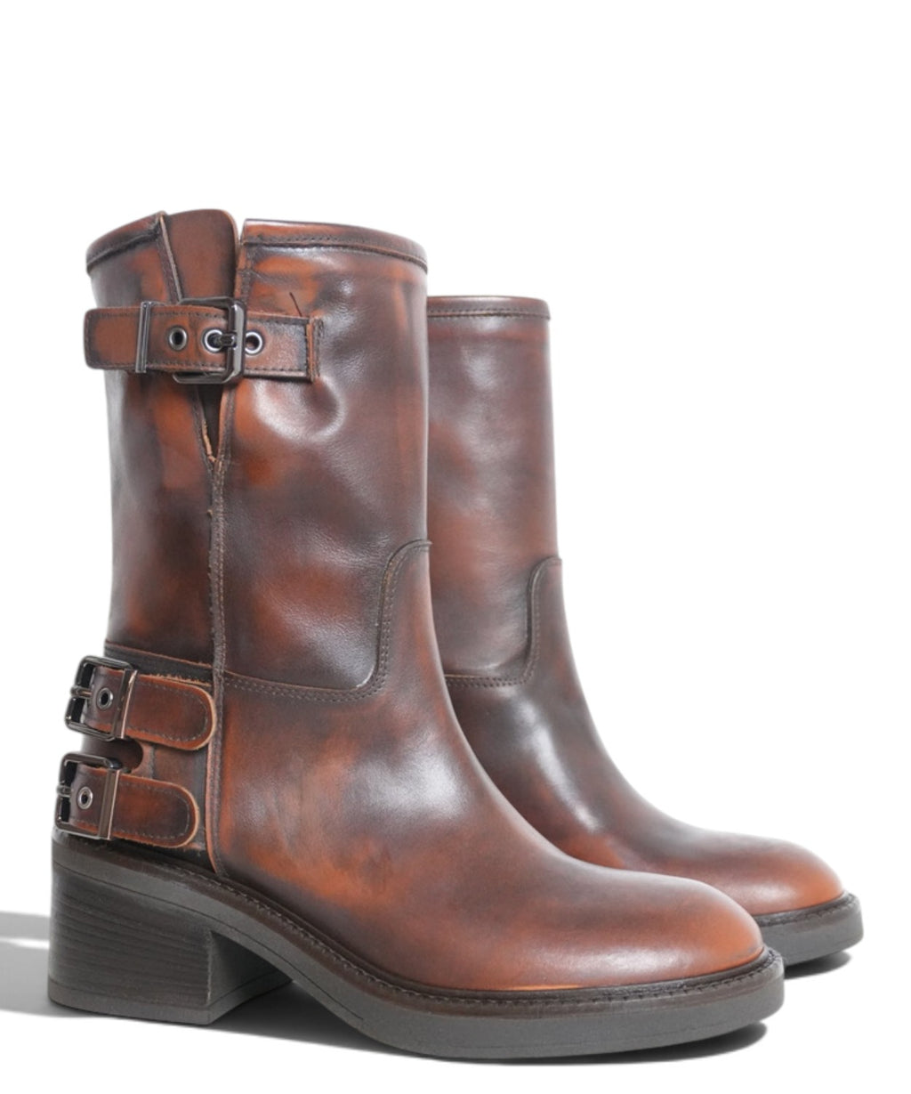 Archyve Bottes biker pour femme en cuir effet usé avec boucles