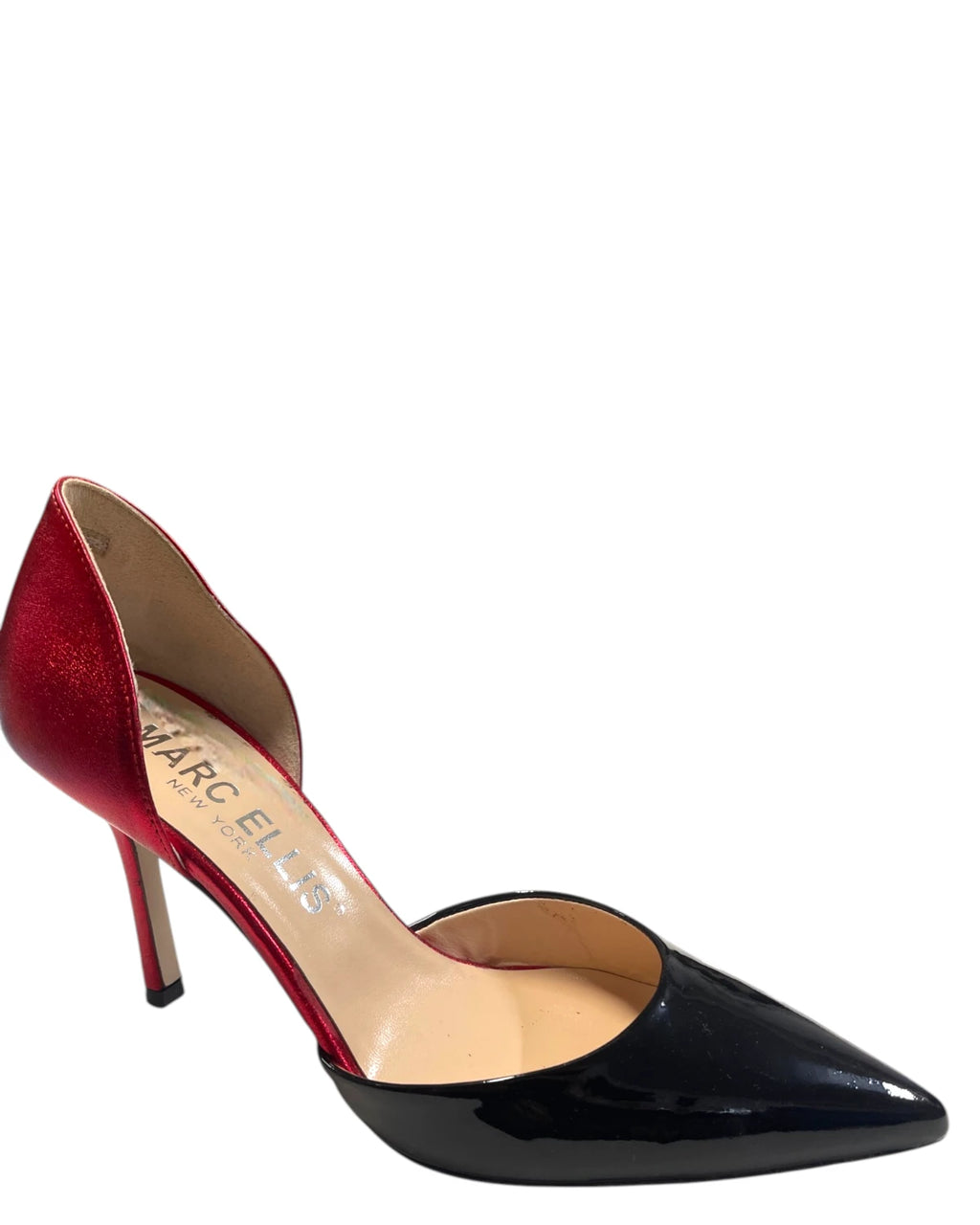 Escarpins femme rouge métallisé et noir à talon haut