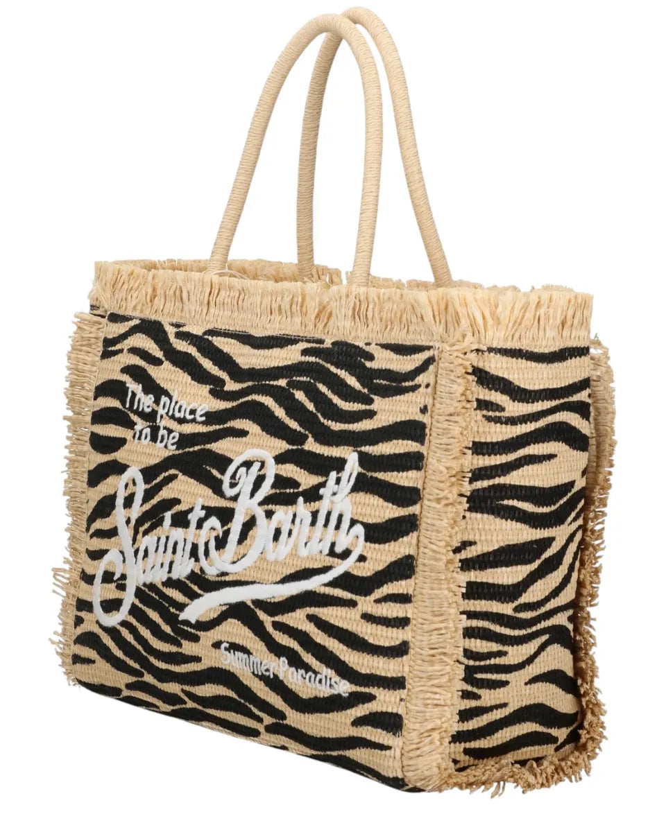 Borsa Vanity in rafia zebrata con frange e logo ricamato-Mc2 Saint Barth-Borse a spalla-Vittorio Citro Boutique