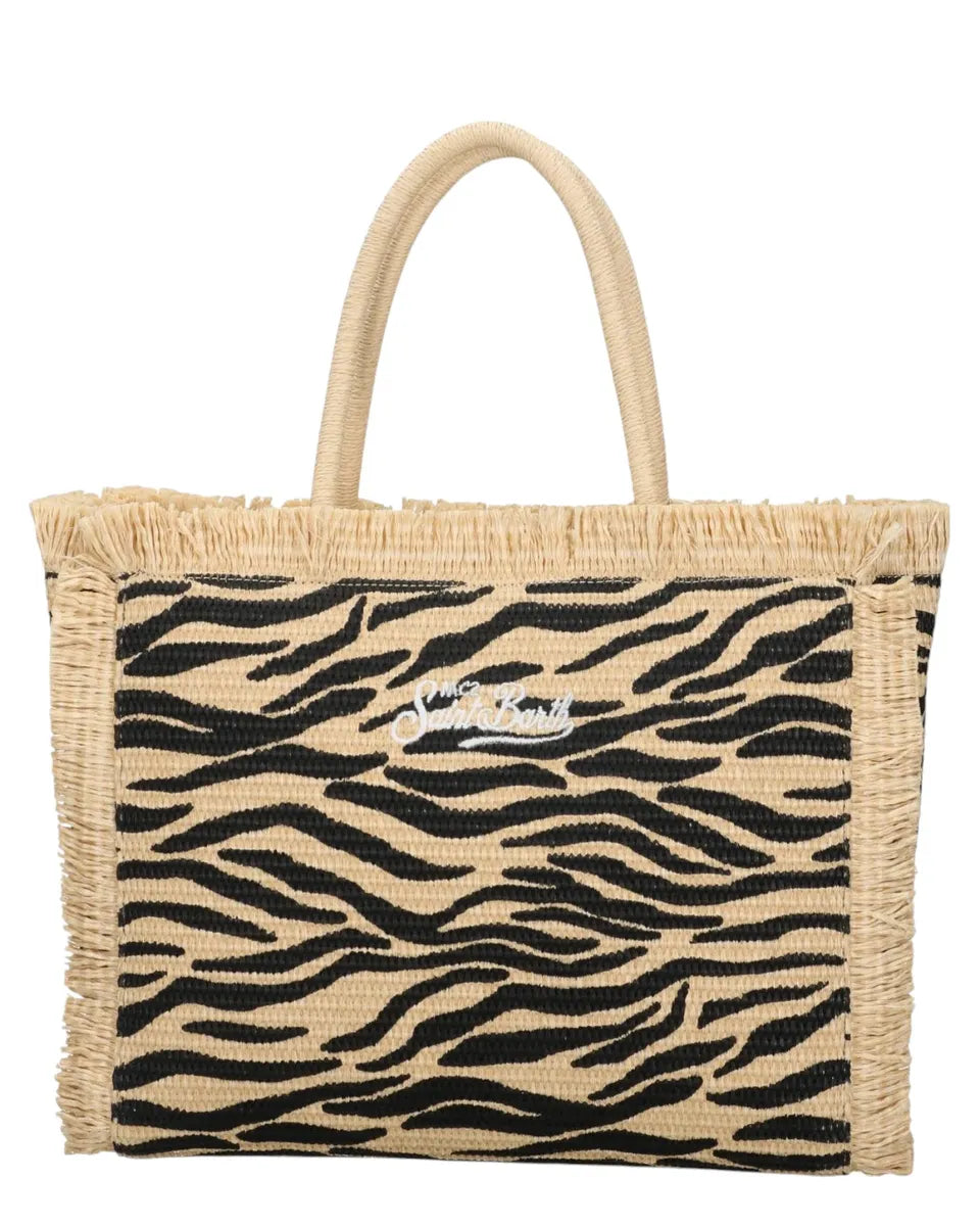 Borsa Vanity in rafia zebrata con frange e logo ricamato-Mc2 Saint Barth-Borse a spalla-Vittorio Citro Boutique