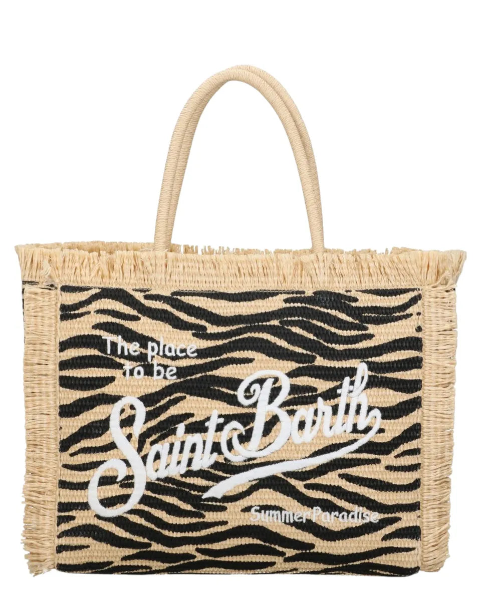 Borsa Vanity in rafia zebrata con frange e logo ricamato-Mc2 Saint Barth-Borse a spalla-Vittorio Citro Boutique