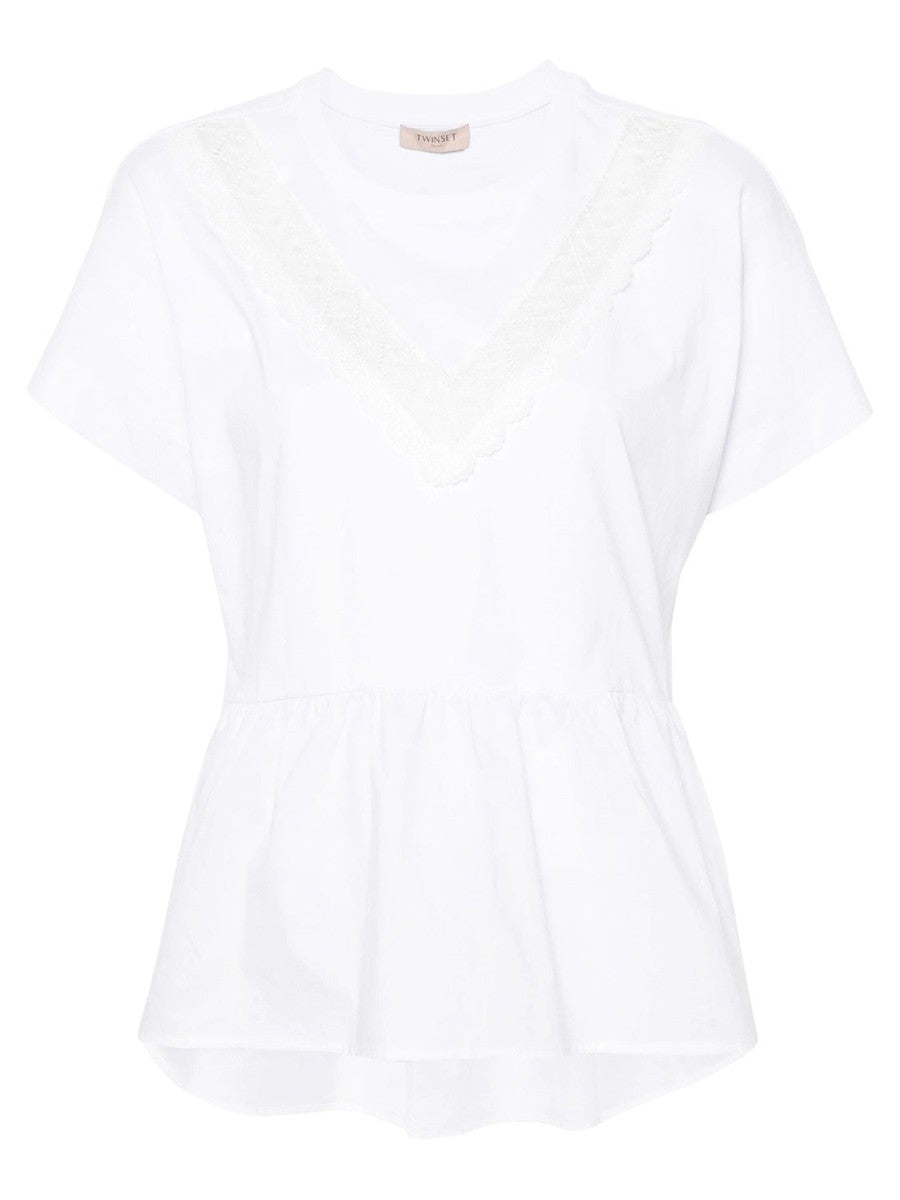 T-shirt con Inserti in Pizzo e Dettagli Arricciati-Twinset-T-shirt-Vittorio Citro Boutique