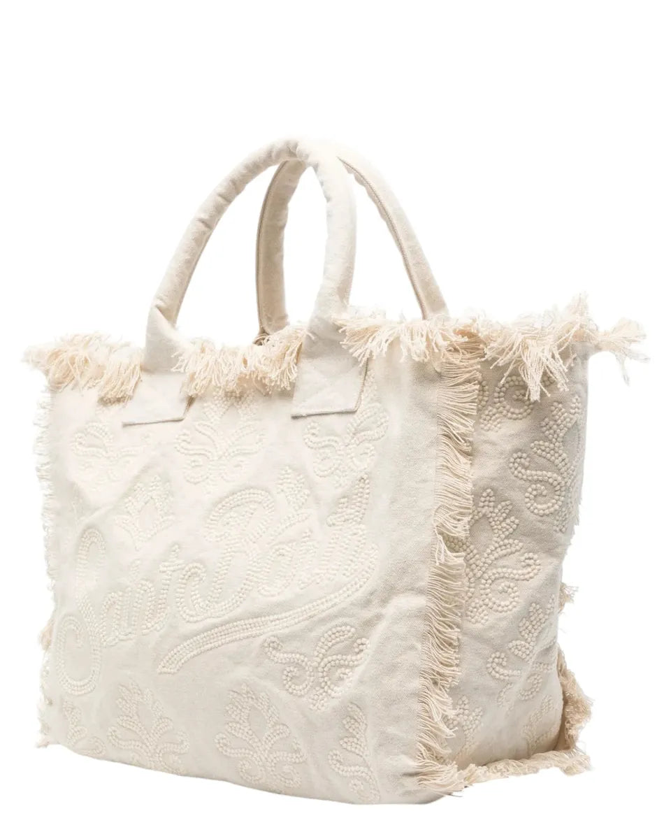 Borsa Vanity beige in cotone con ricamo e frange-Mc2 Saint Barth-Borse a spalla-Vittorio Citro Boutique