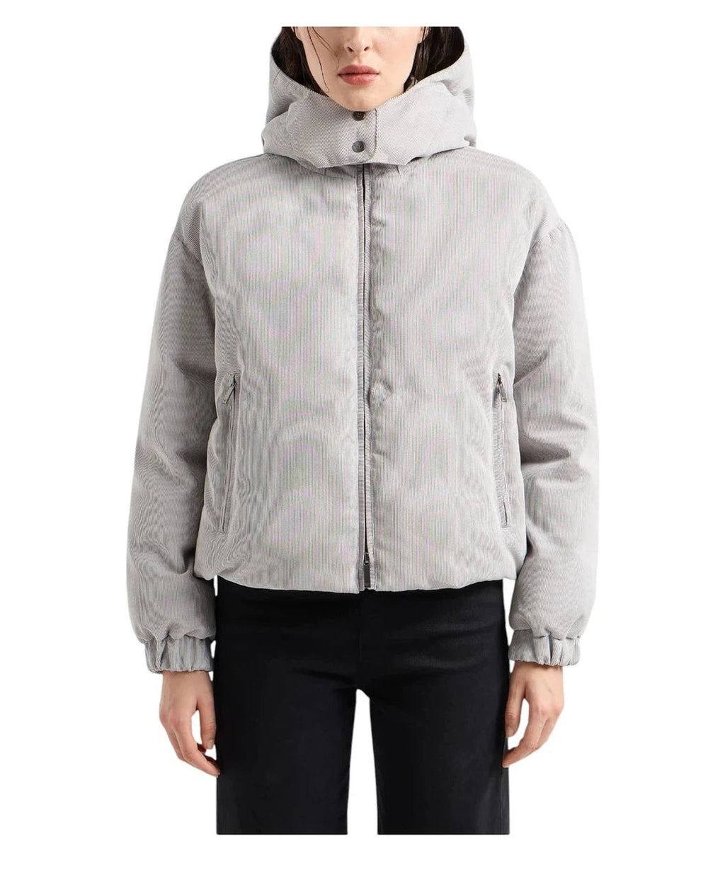 Piumino a Coste con Cappuccio in Grigio Chiaro-Emporio Armani-Piumini-Vittorio Citro Boutique
