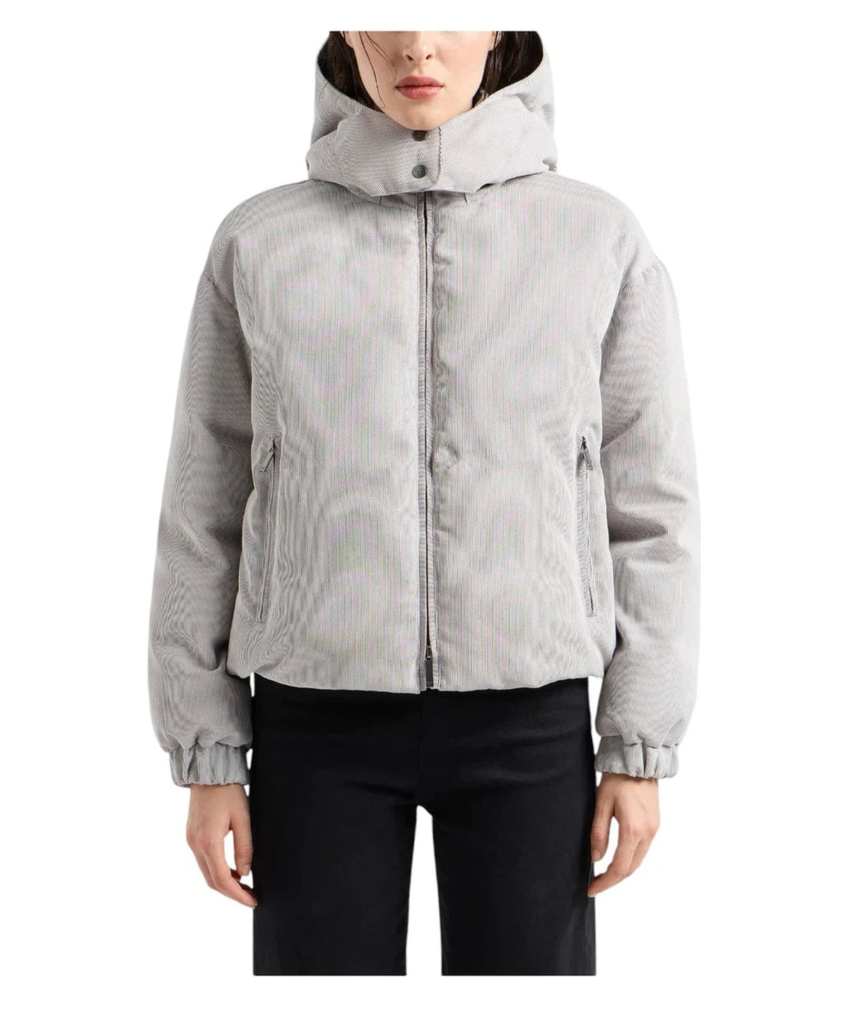 Piumino a Coste con Cappuccio in Grigio Chiaro-Emporio Armani-Piumini-Vittorio Citro Boutique