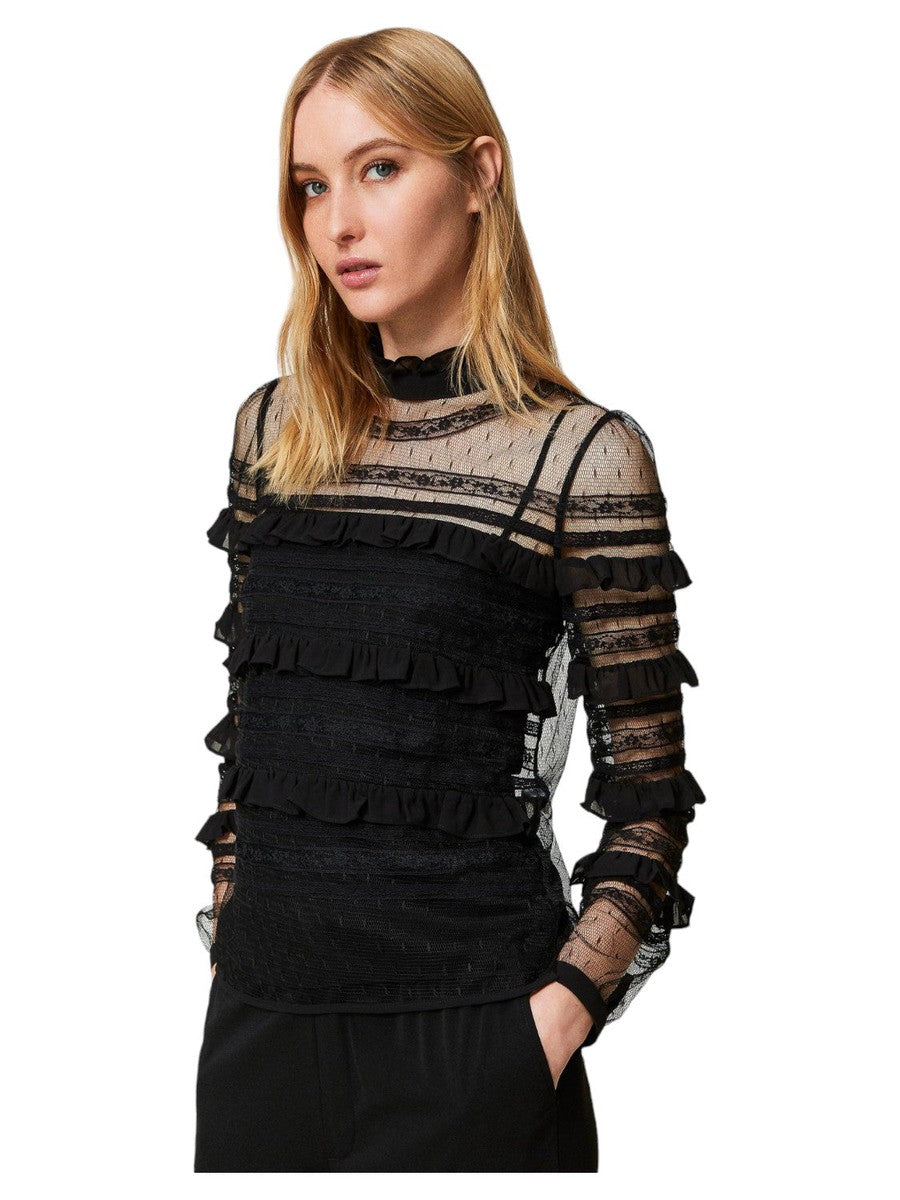 Blusa in tulle plumetis e pizzo-Twinset-Camicie-Vittorio Citro Boutique