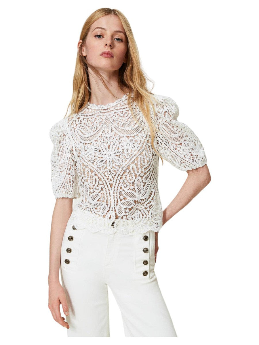 Maglia crochet effetto pizzo con maniche balloon-Twinset-T-shirt-Vittorio Citro Boutique
