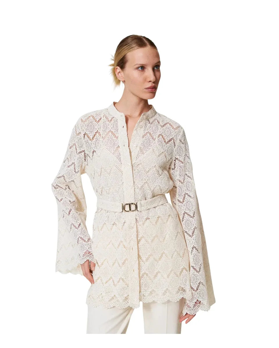 Maxi camicia in pizzo macramè con cintura e top abbinato-Twinset-Camicie-Vittorio Citro Boutique