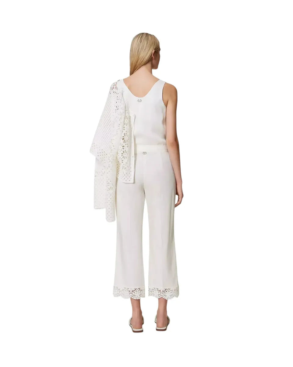 Pantaloni cropped in popeline con fondo in pizzo-Twinset-Pantaloni-Vittorio Citro Boutique