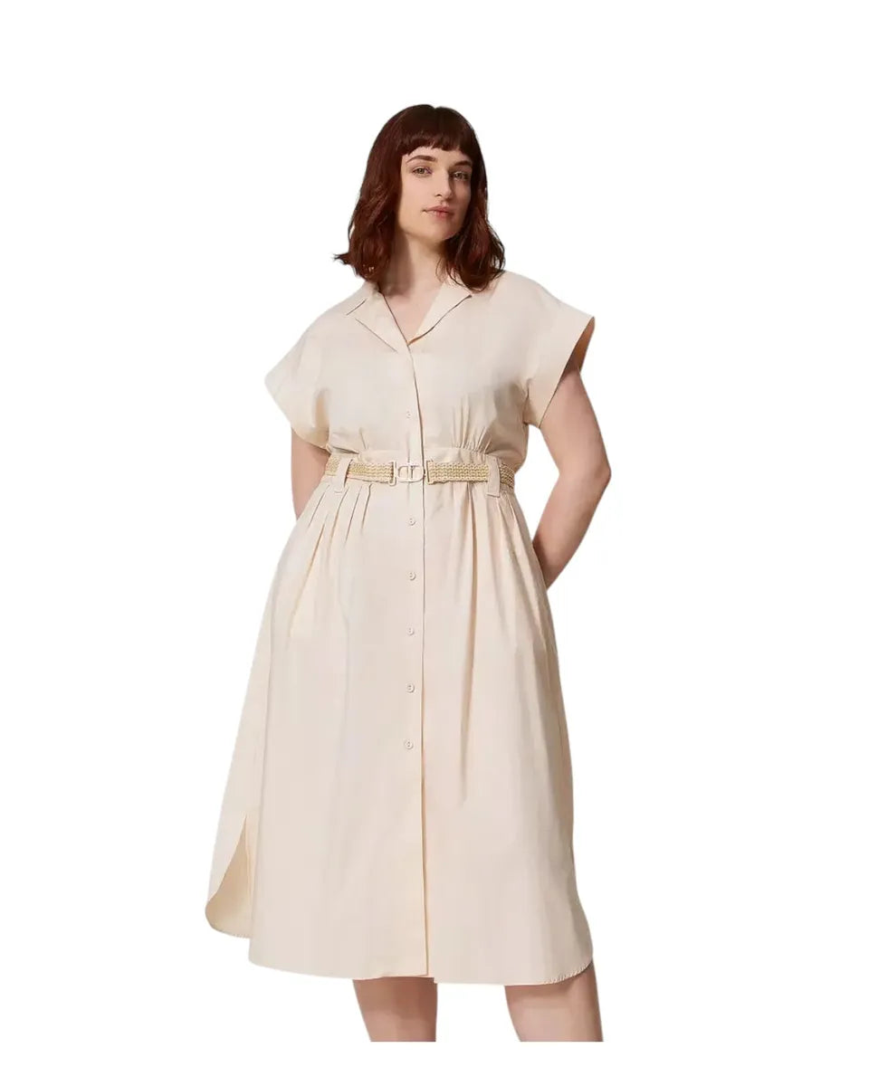 Abito chemisier longuette in popeline con cintura rafia-Twinset-Abiti-Vittorio Citro Boutique