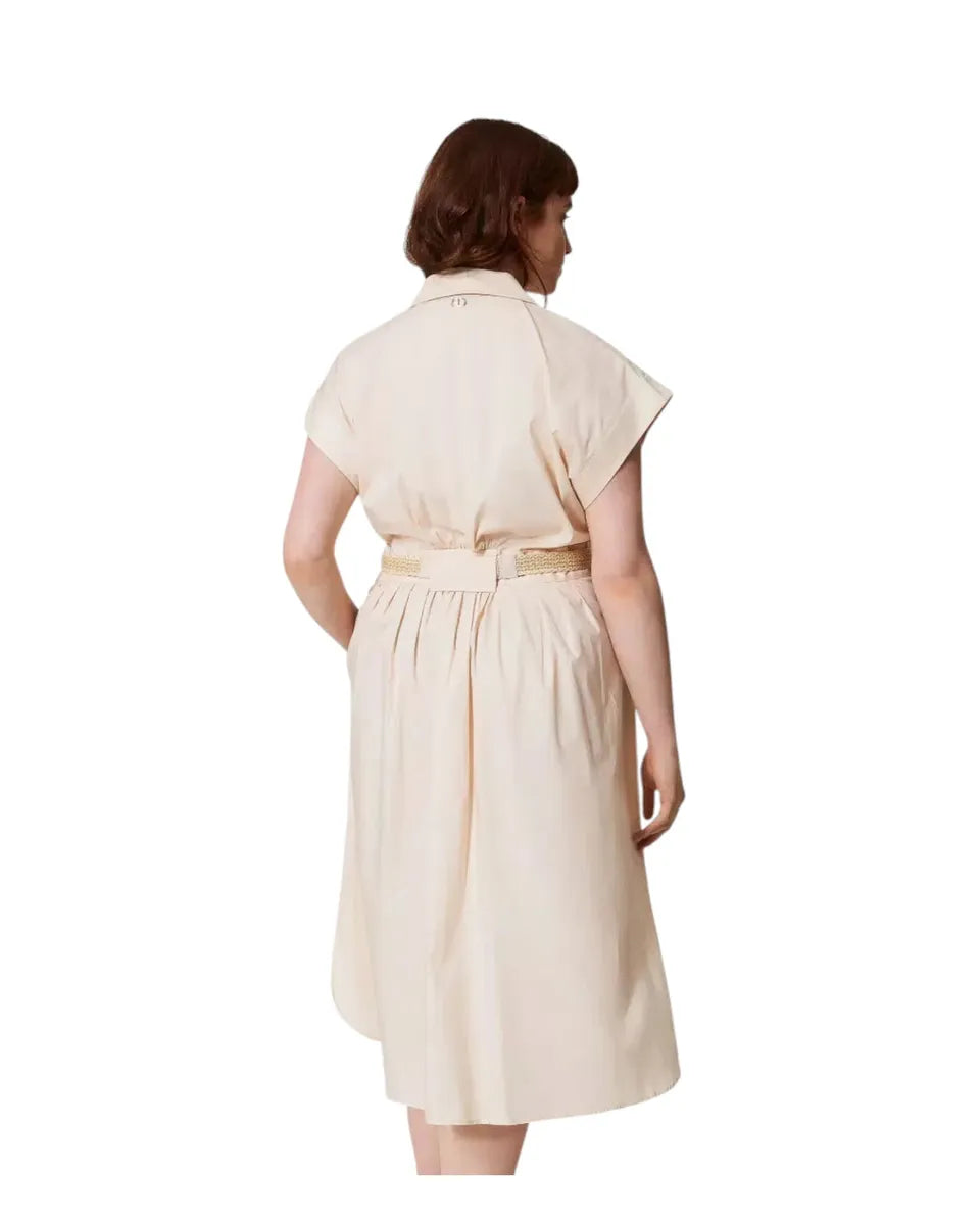 Abito chemisier longuette in popeline con cintura rafia-Twinset-Abiti-Vittorio Citro Boutique