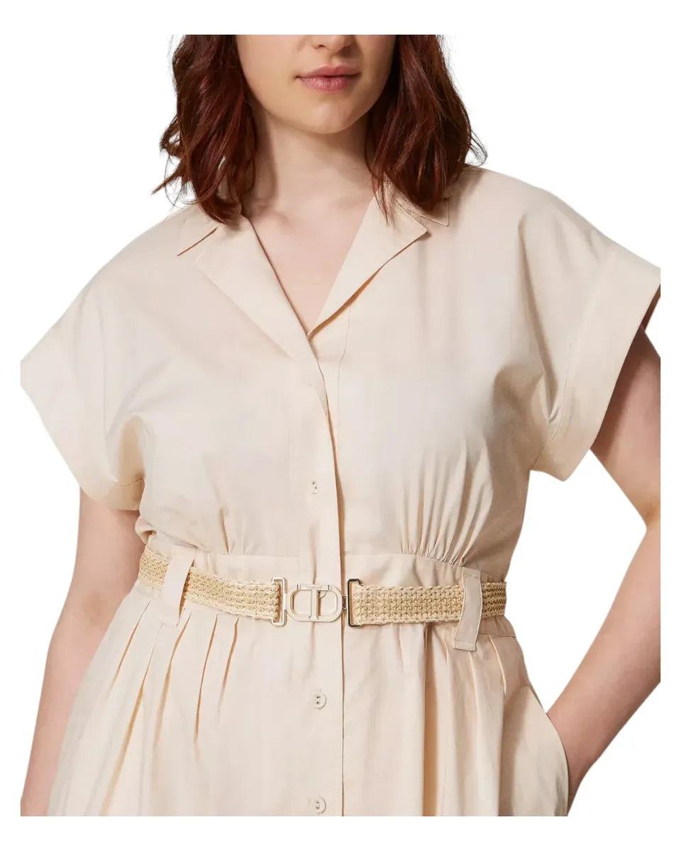 Abito chemisier longuette in popeline con cintura rafia-Twinset-Abiti-Vittorio Citro Boutique