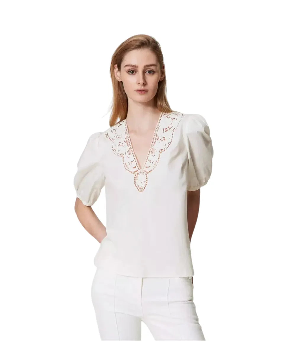 Blusa in popeline sangallo con maniche a sbuffo-Twinset-Camicie-Vittorio Citro Boutique