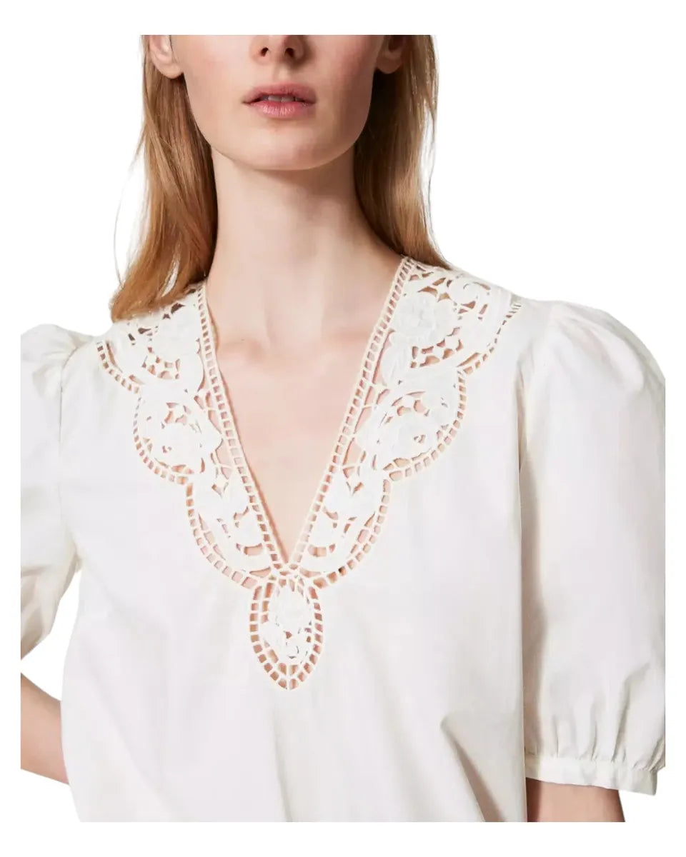 Blusa in popeline sangallo con maniche a sbuffo-Twinset-Camicie-Vittorio Citro Boutique
