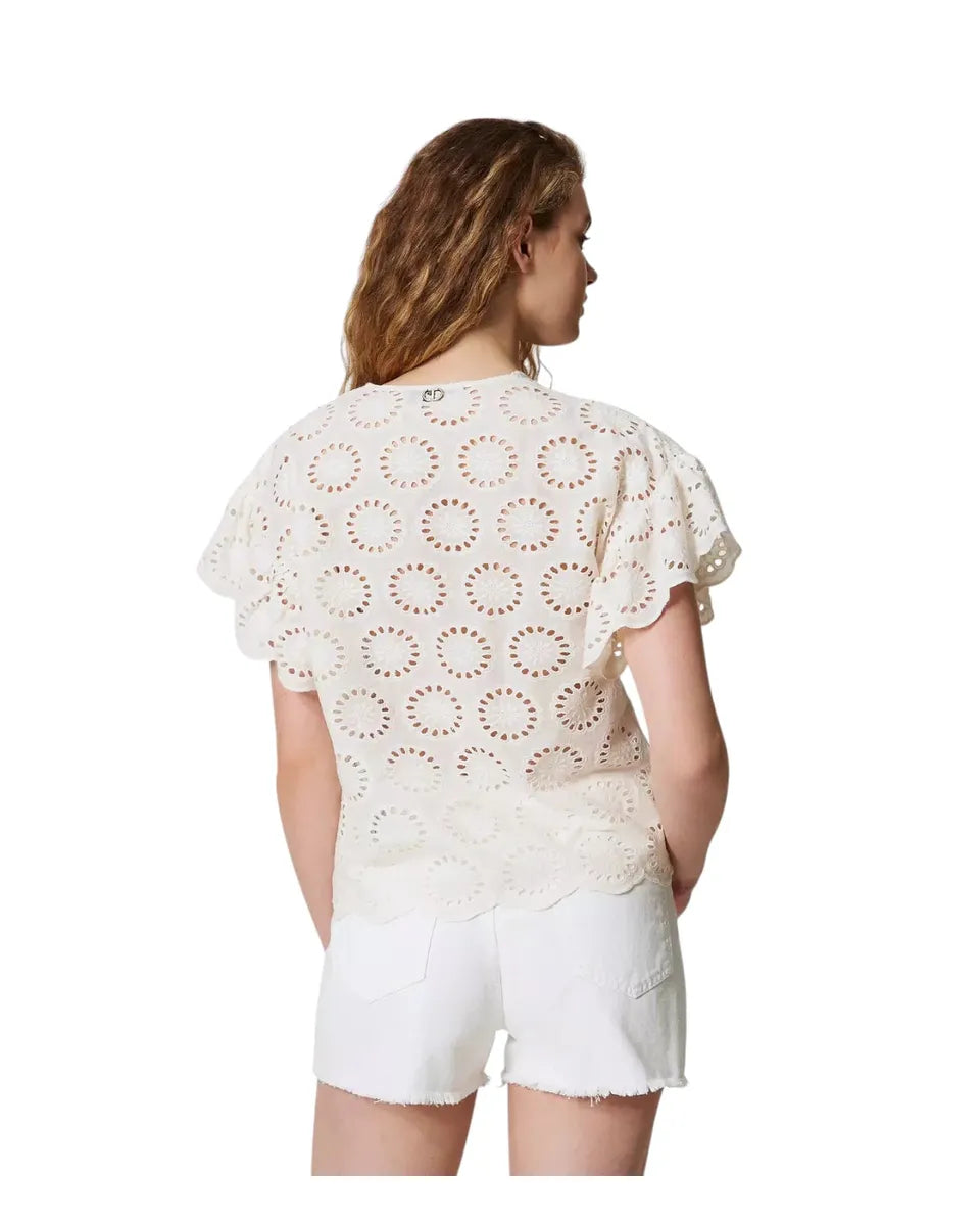 Blusa in sangallo con maniche ad aletta e fondo smerlato-Twinset-Camicie-Vittorio Citro Boutique