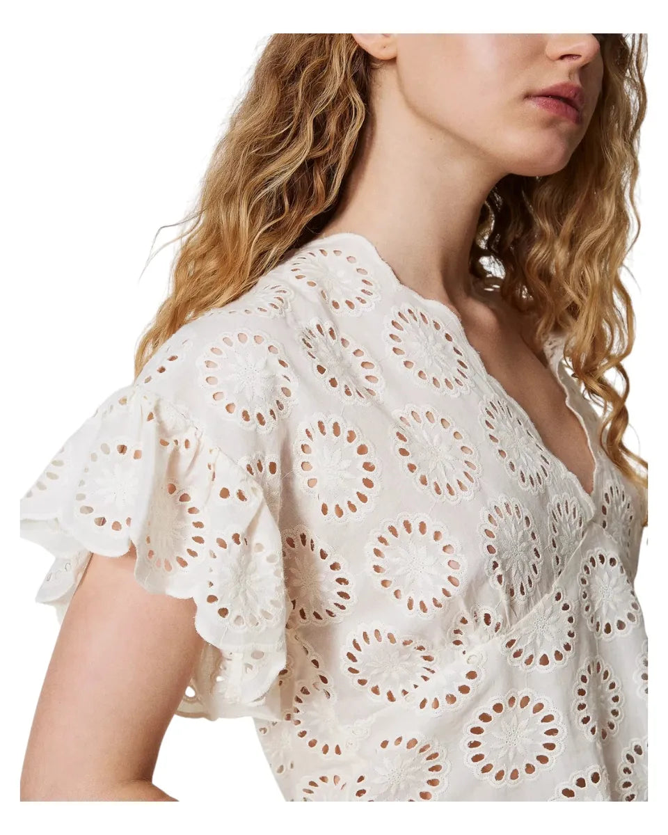 Blusa in sangallo con maniche ad aletta e fondo smerlato-Twinset-Camicie-Vittorio Citro Boutique