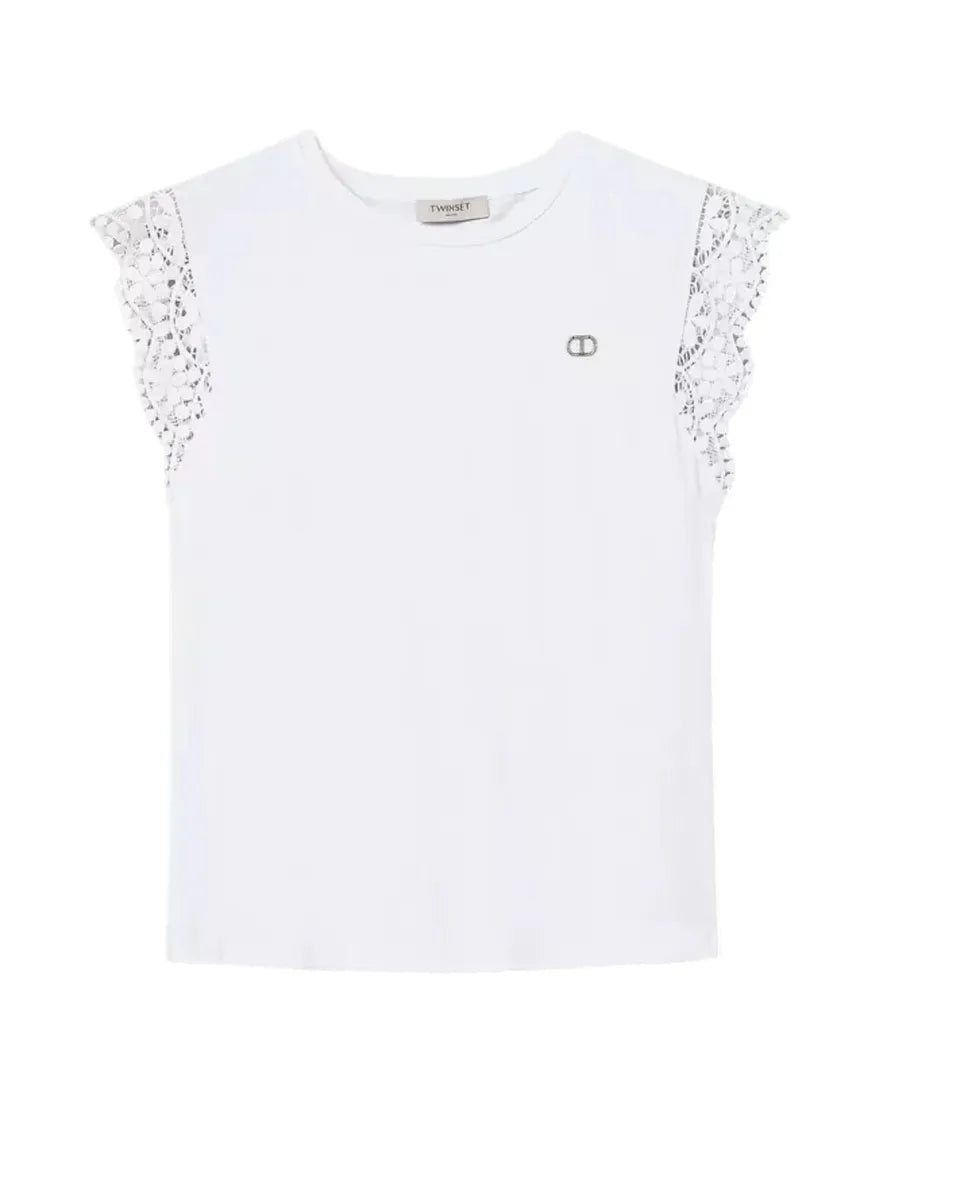 T-shirt in cotone con maniche ad aletta in pizzo-Twinset-Pantaloni-Vittorio Citro Boutique