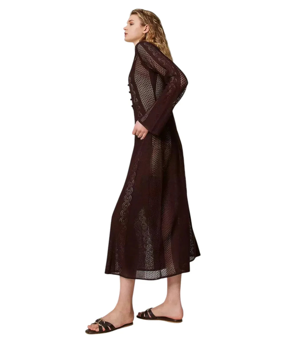 Abito Lungo in Maglia Punzonata “Coffee” con Sottoveste Abbinat-Twinset-Abiti-Vittorio Citro Boutique