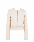 Giacca Twinset con ricamo in viscosa color panna, mini lunghezza e chiusura a ganci, perfetta per outfit femminili ed eleganti.