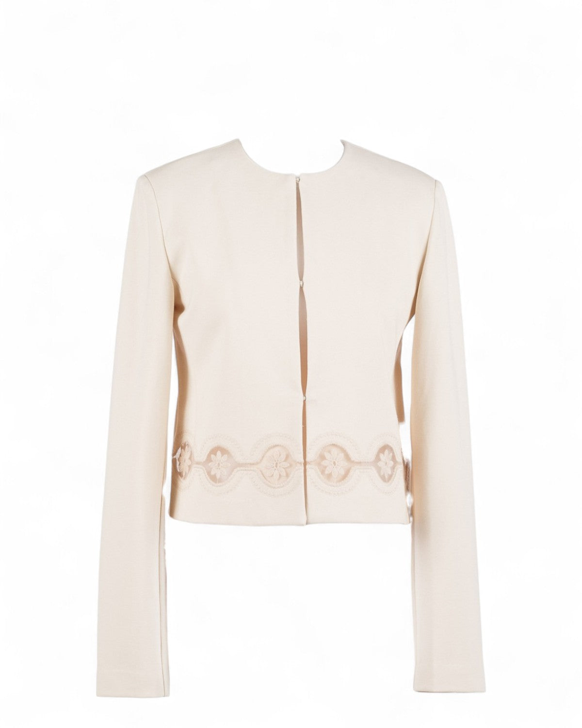 Giacca Twinset con ricamo in viscosa color panna, mini lunghezza e chiusura a ganci, perfetta per outfit femminili ed eleganti.