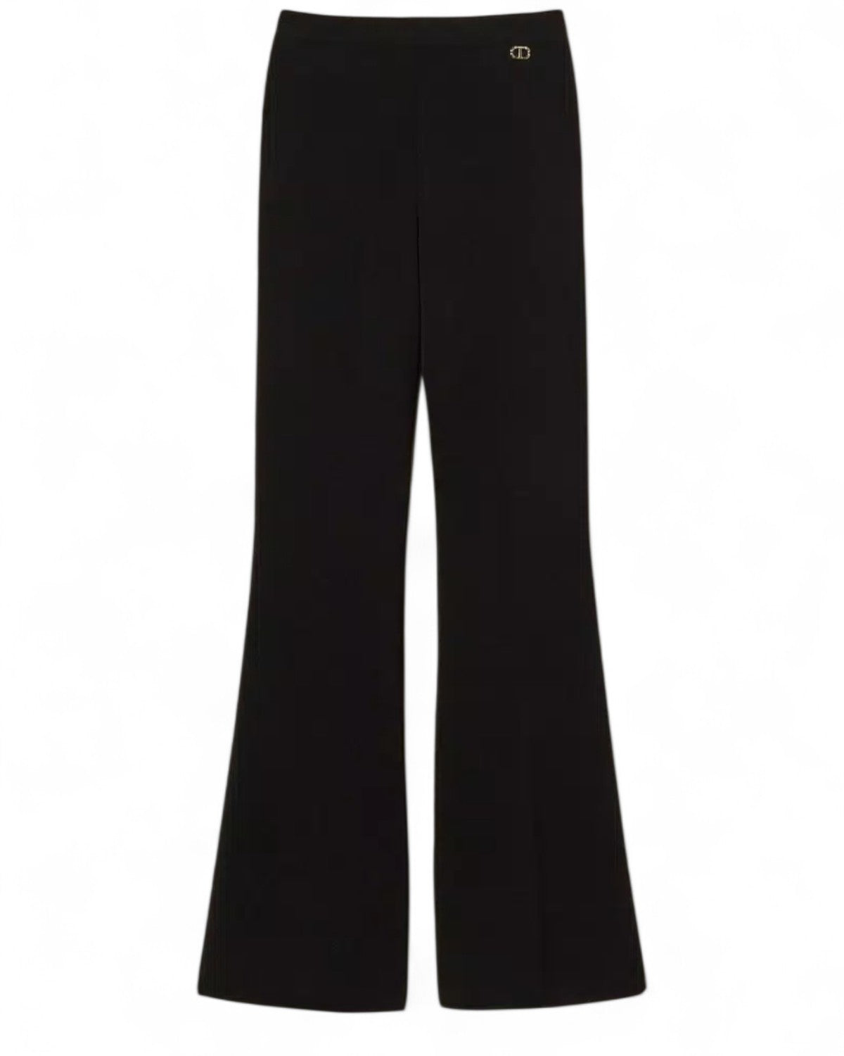 Pantaloni flare in maglia neri da donna, taglio svasato e vita alta, ideali per look eleganti e confortevoli invernali.