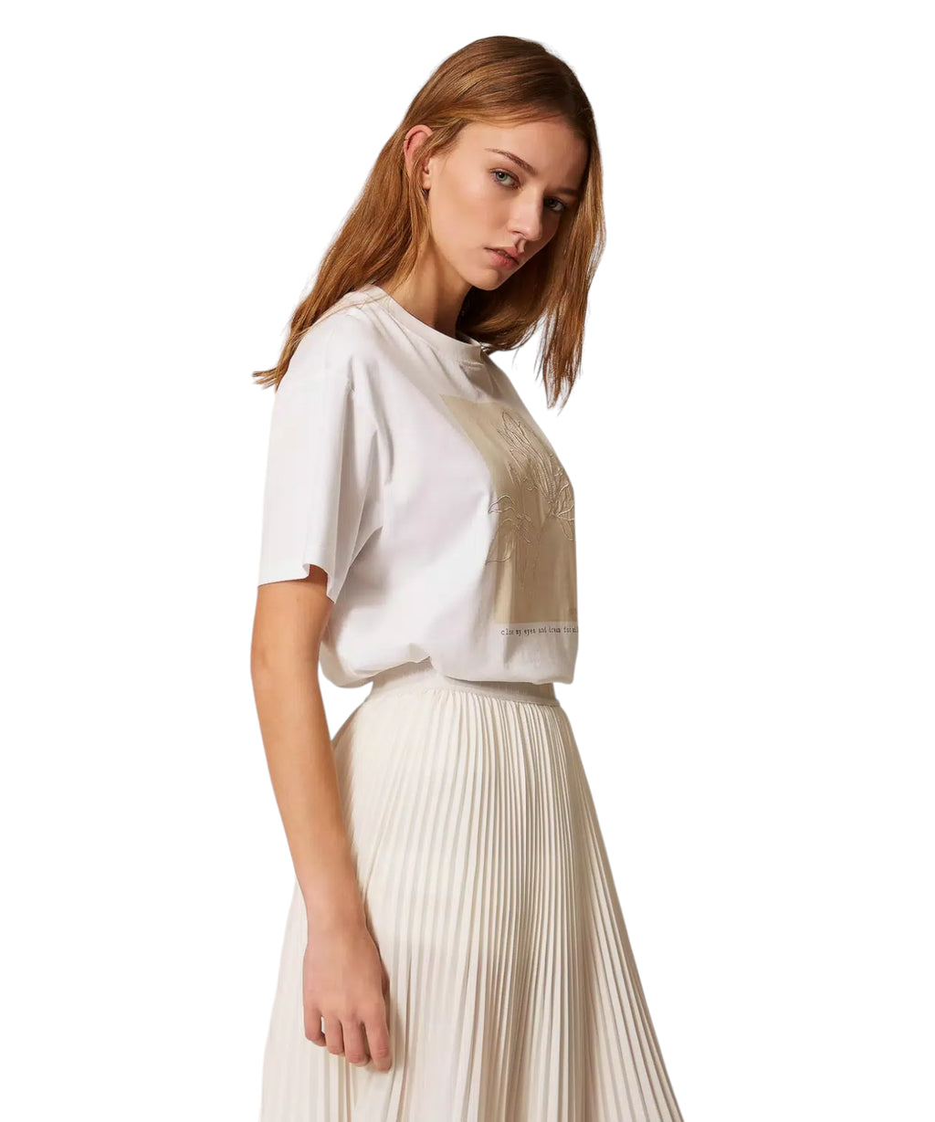 T-shirt en coton avec impression et broderie Twinset