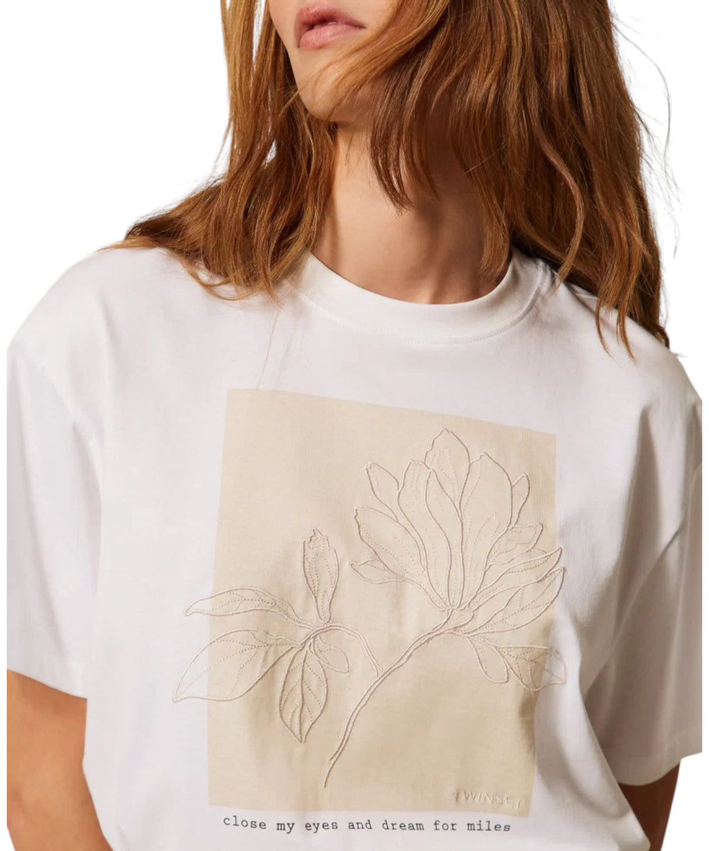 T-shirt en coton avec impression et broderie Twinset