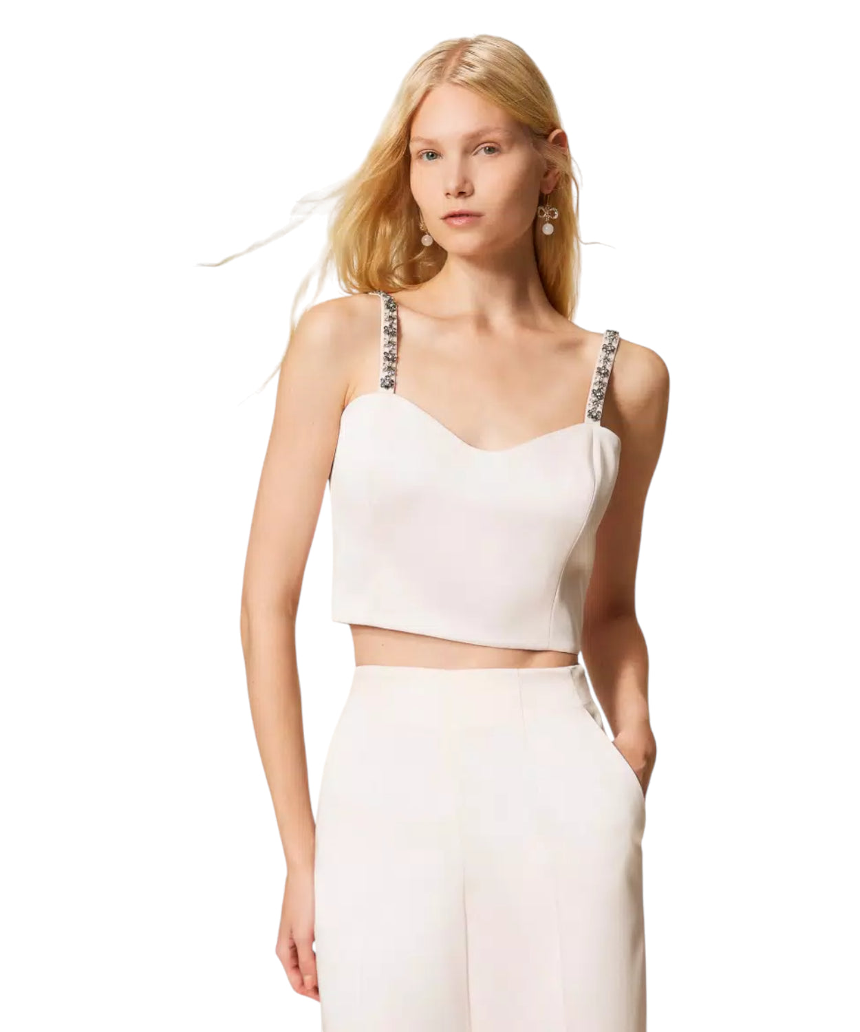 Top Cropped Duchesse Sabbia Rosa con Ricamo Twinset