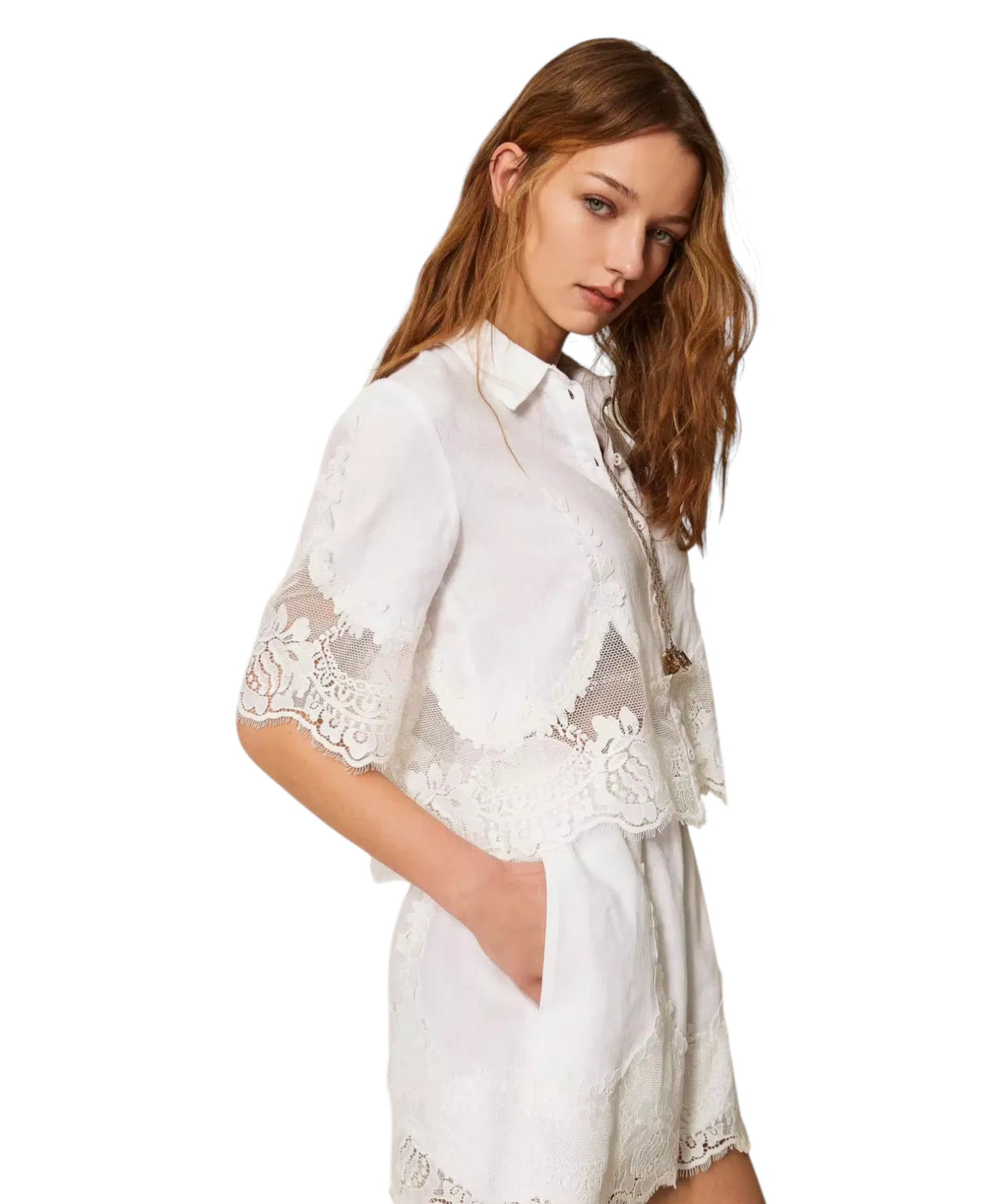 Twinset Camicia Donna in Lino con Pizzo