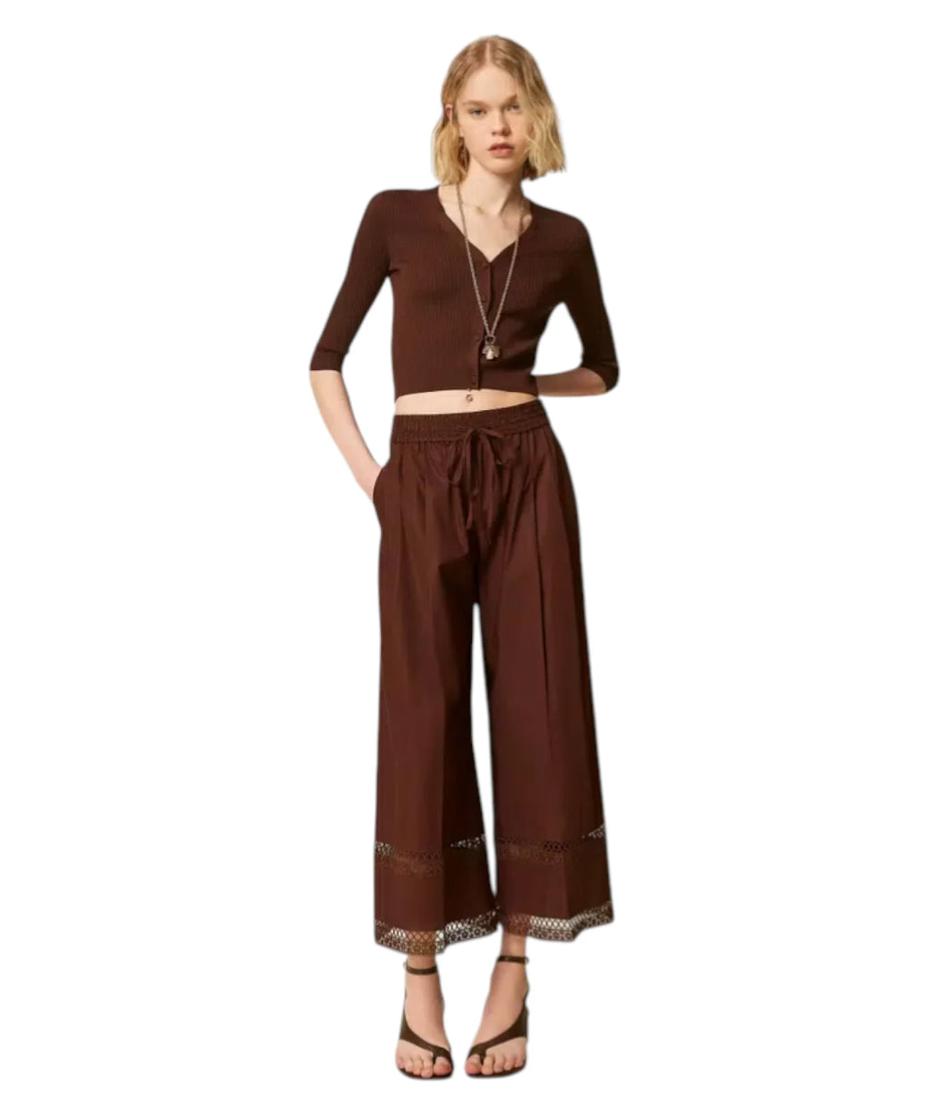Pantalon large en popeline de coton avec broderie Twinset
