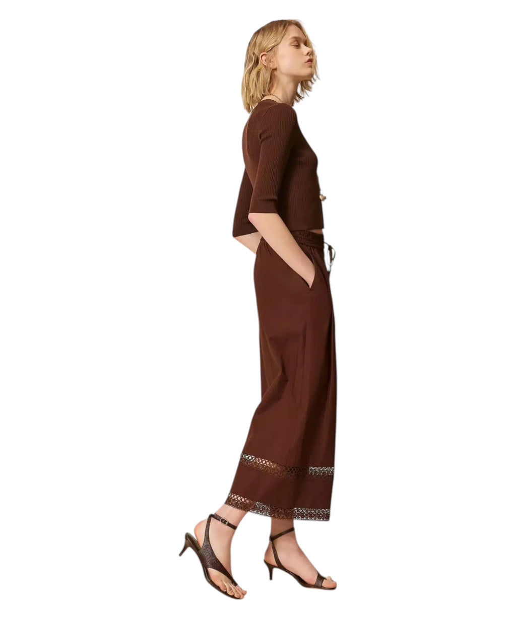 Pantalon large en popeline de coton avec broderie Twinset