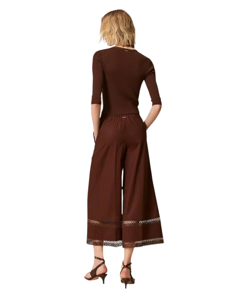 Pantalon large en popeline de coton avec broderie Twinset
