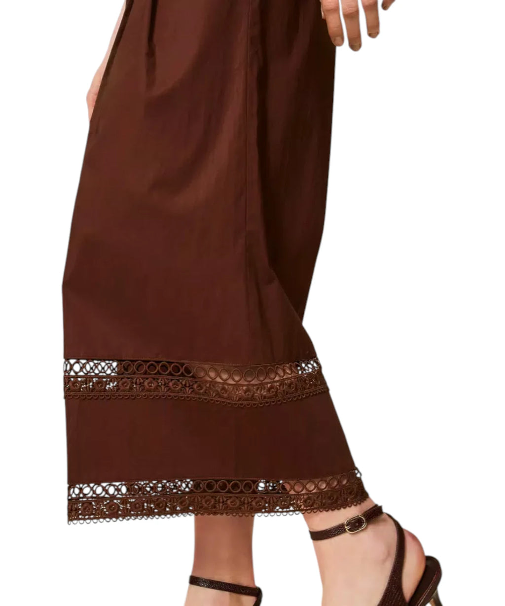 Pantalon large en popeline de coton avec broderie Twinset