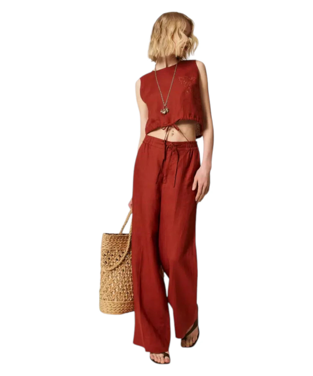Pantalon en lin avec logo brodé Twinset