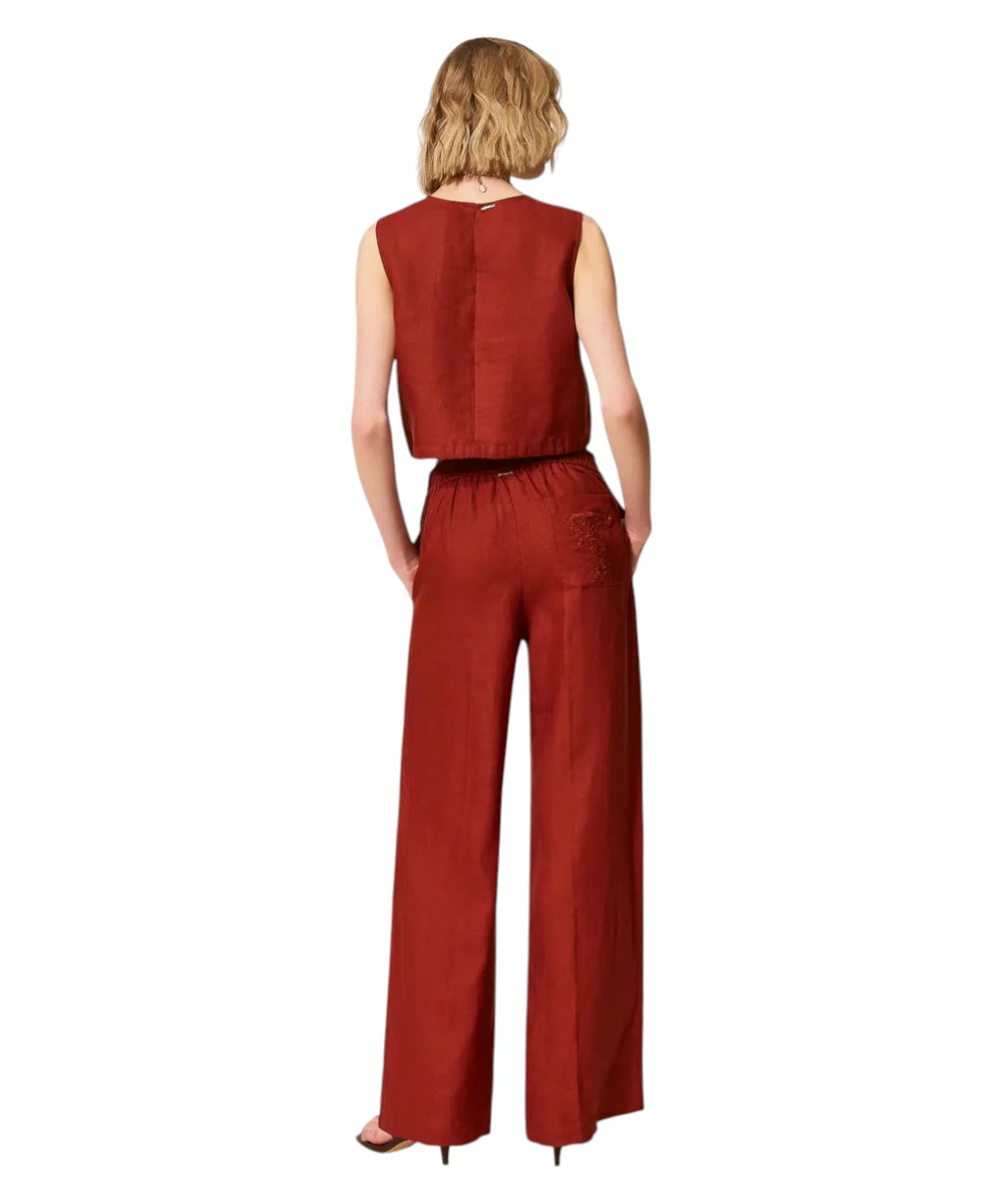Pantalon en lin avec logo brodé Twinset