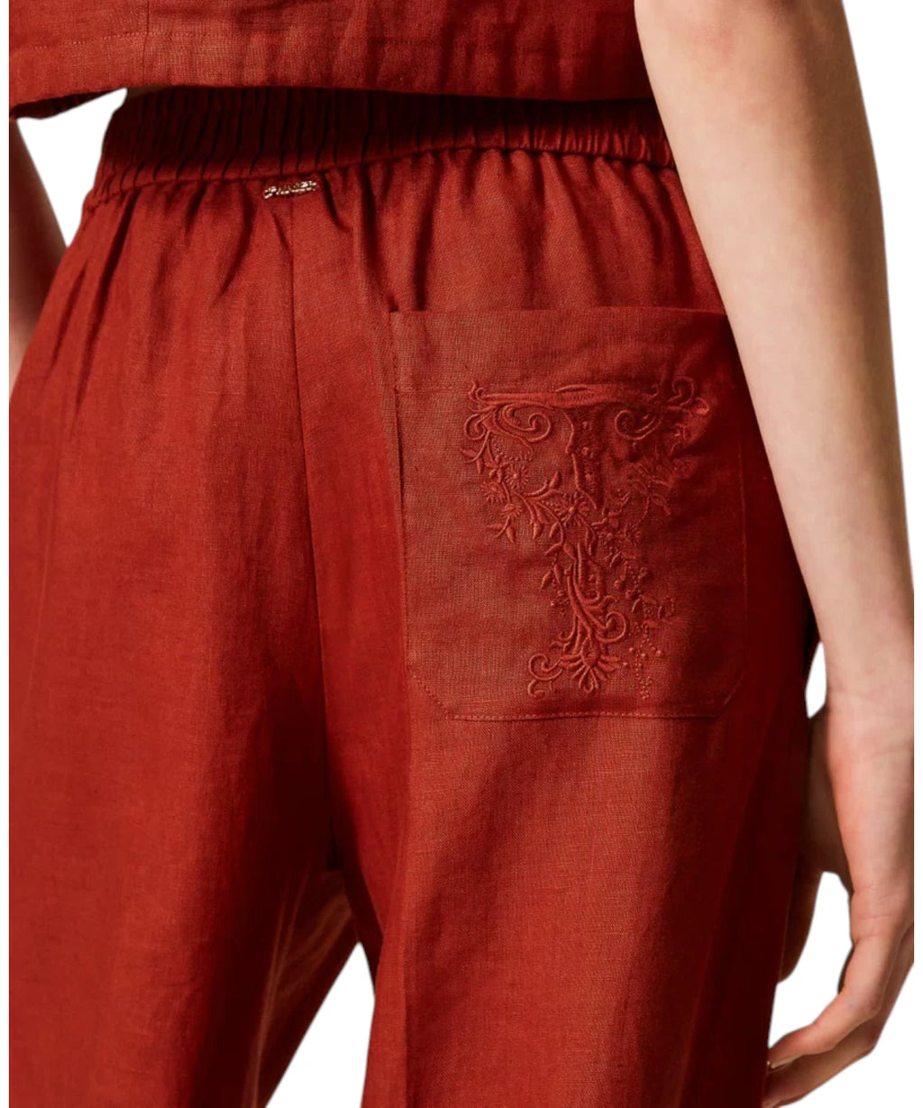 Pantalon en lin avec logo brodé Twinset
